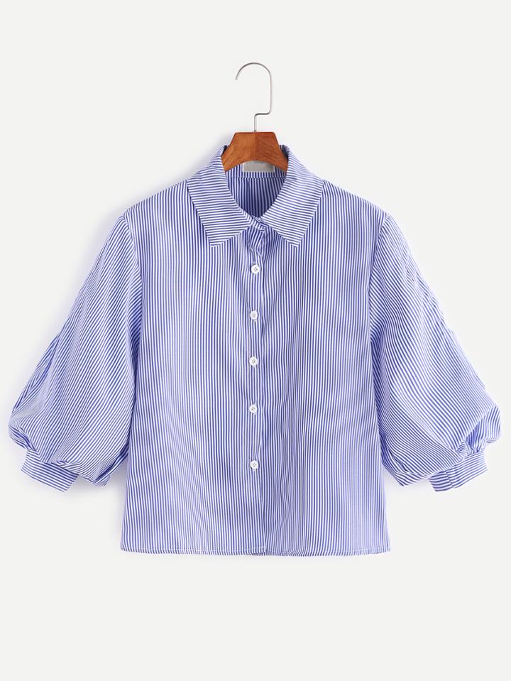 Shein Blue Striped Lantern Sleeve Shirt