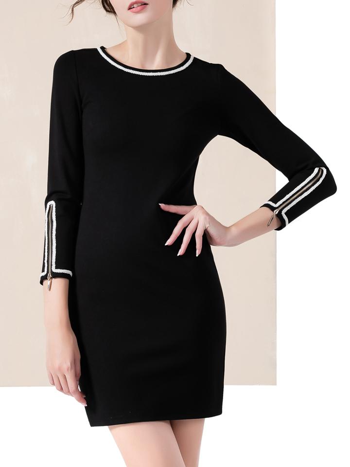 Shein Black Crew Neck Zipper Sleeve Sheath Dress