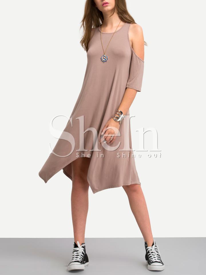 Shein Light Coffee Cold Shoulder Irregular Shift Dress