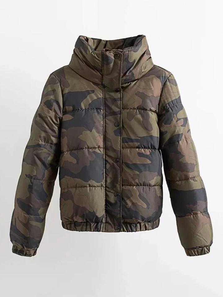 Shein Slogan Print High Neck Camo Padded Coat