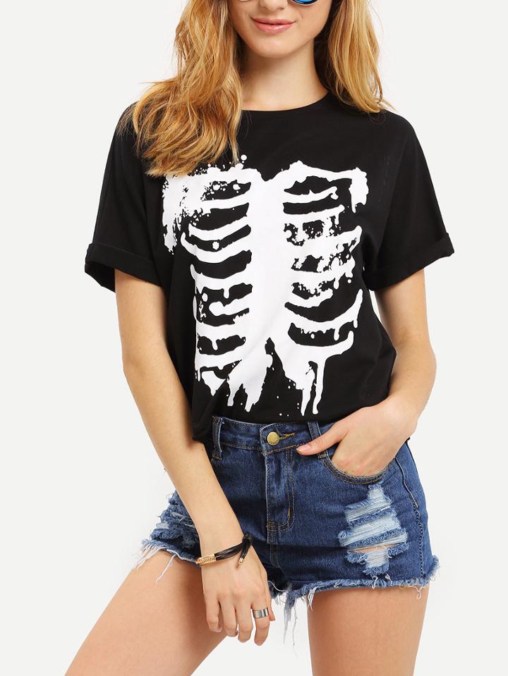 Shein Skull Print Rolled Cuff T-shirt