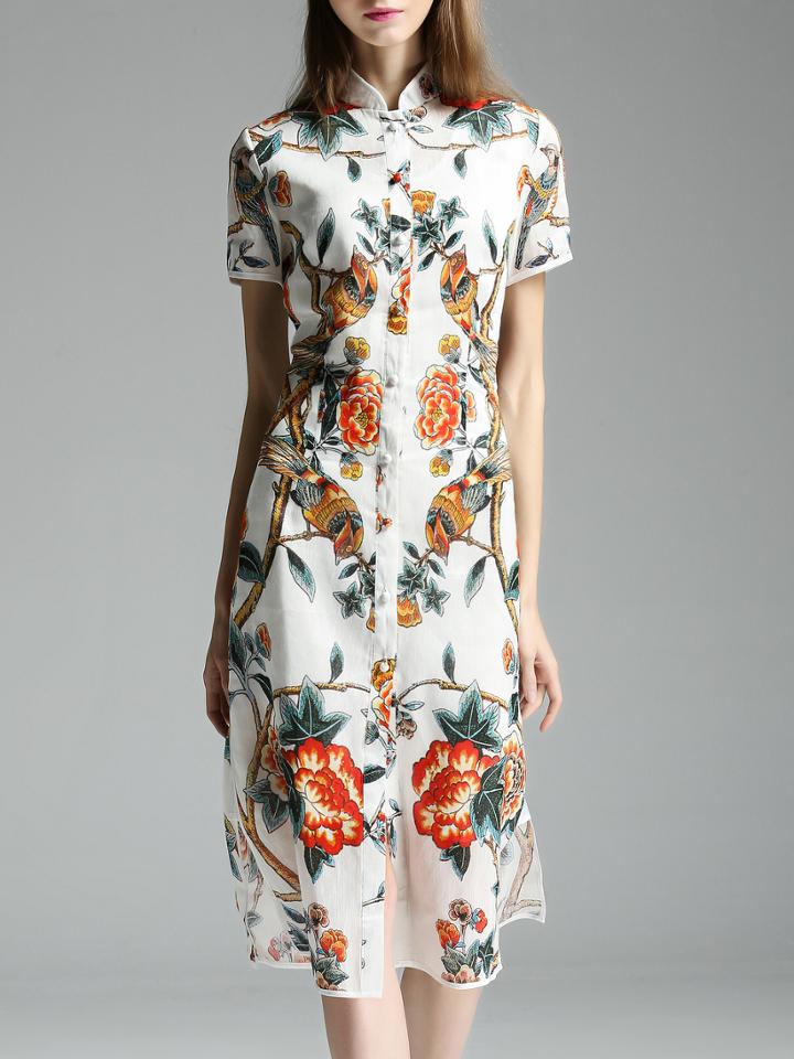 Shein White Collar Print Shift Split Dress