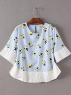 Shein Blue Pleated Printed Key-hole Blouse