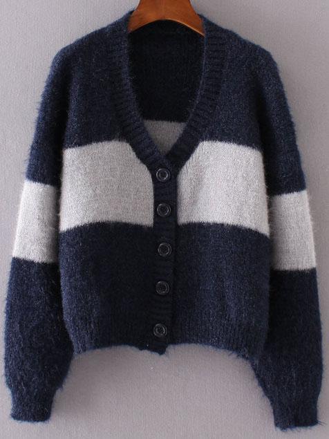Shein Navy Color Block Button Up Mohair Sweater Coat