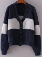 Shein Navy Color Block Button Up Mohair Sweater Coat