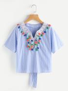Shein V Notch Tassel Trim Tie Back Top