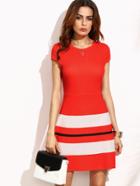 Shein Red Striped Print Cap Sleeve A Line Dress