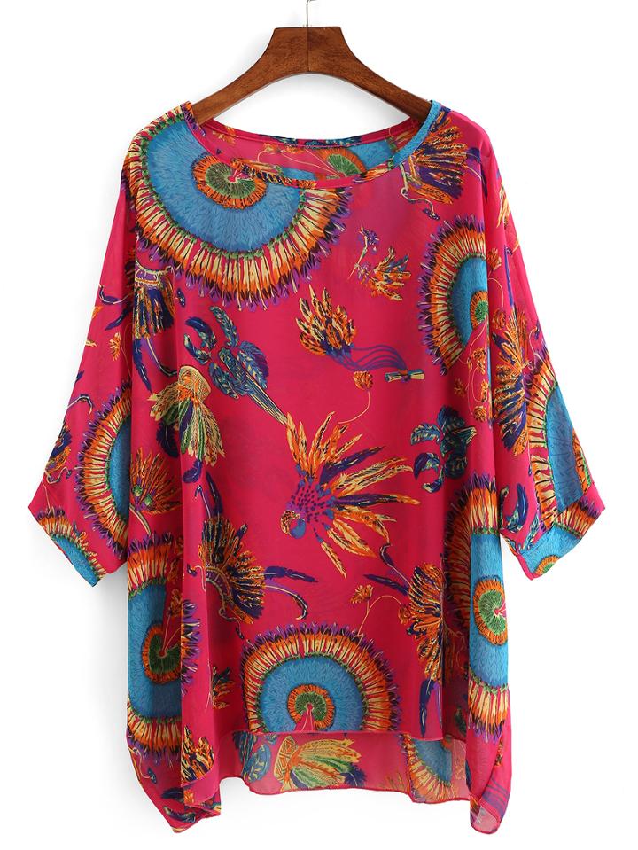 Shein Feather Print Chiffon Poncho Blouse