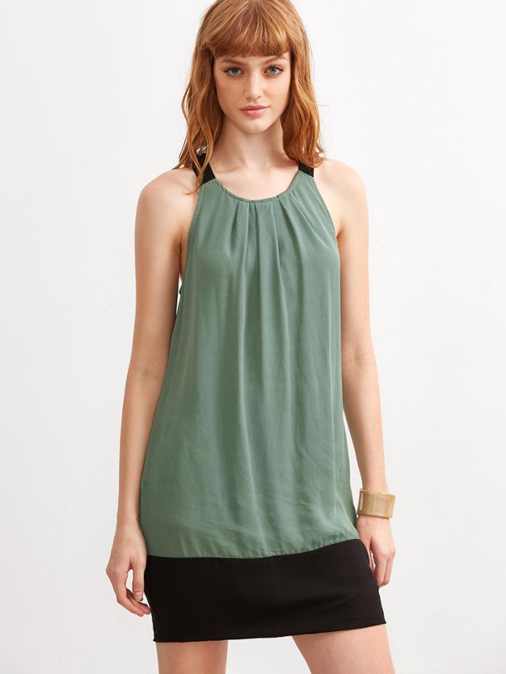 Shein Green Contrast Halter Neck Sleeveless Dress