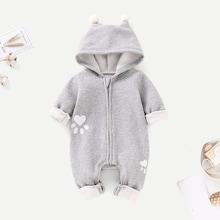 Shein Baby Pom Pom Detail Cartoon Embroidered Hooded Jumpsuit