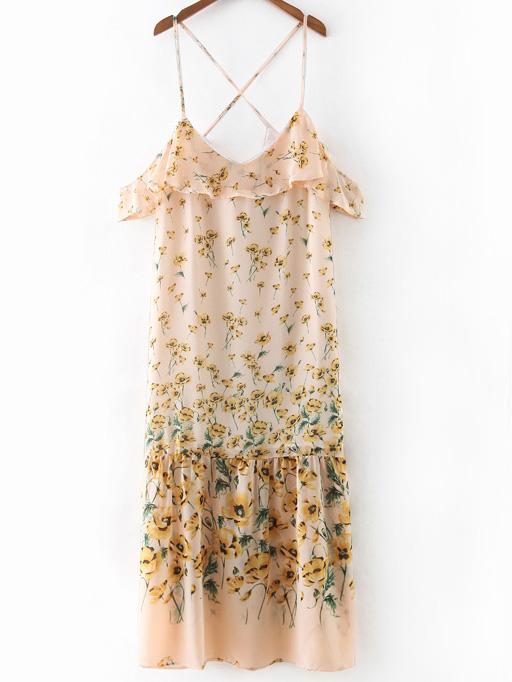 Shein Pink Ruffle Flowers Printed Criss Cross Spaghetti Strap Dress