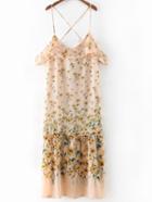 Shein Pink Ruffle Flowers Printed Criss Cross Spaghetti Strap Dress
