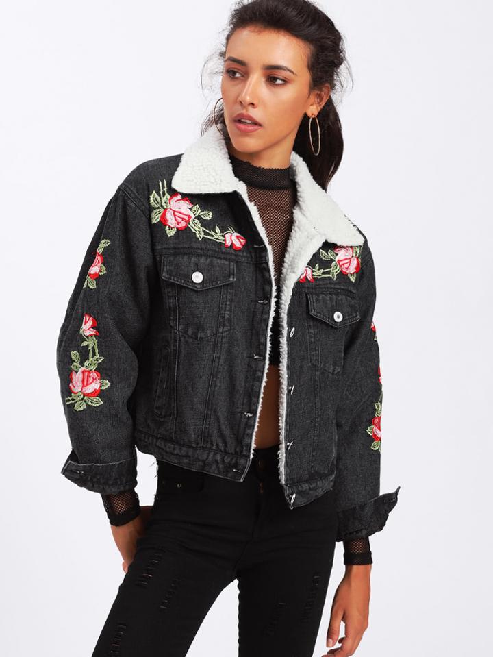 Shein Faux Fur Lined Flower Embroidered Denim Jacket