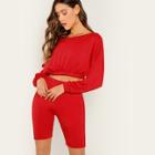 Shein Elastic Hem Crop Sweatshirt And Leggings Shorts Set