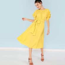 Shein Self Belted Solid Flare Dress