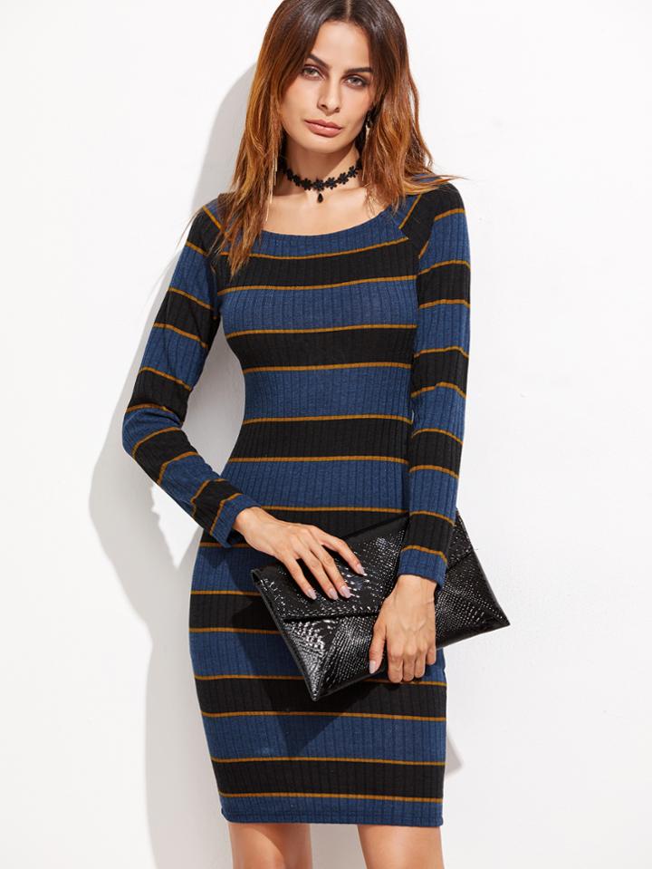 Shein Multicolor Striped Raglan Sleeve Ribbed Sheath Dress