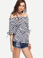 Shein Mixed Navy Striped Off-the-shoulder Tie Sleeve Blouse