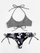 Shein Striped And Floral Print Tie Detail Bikini Set