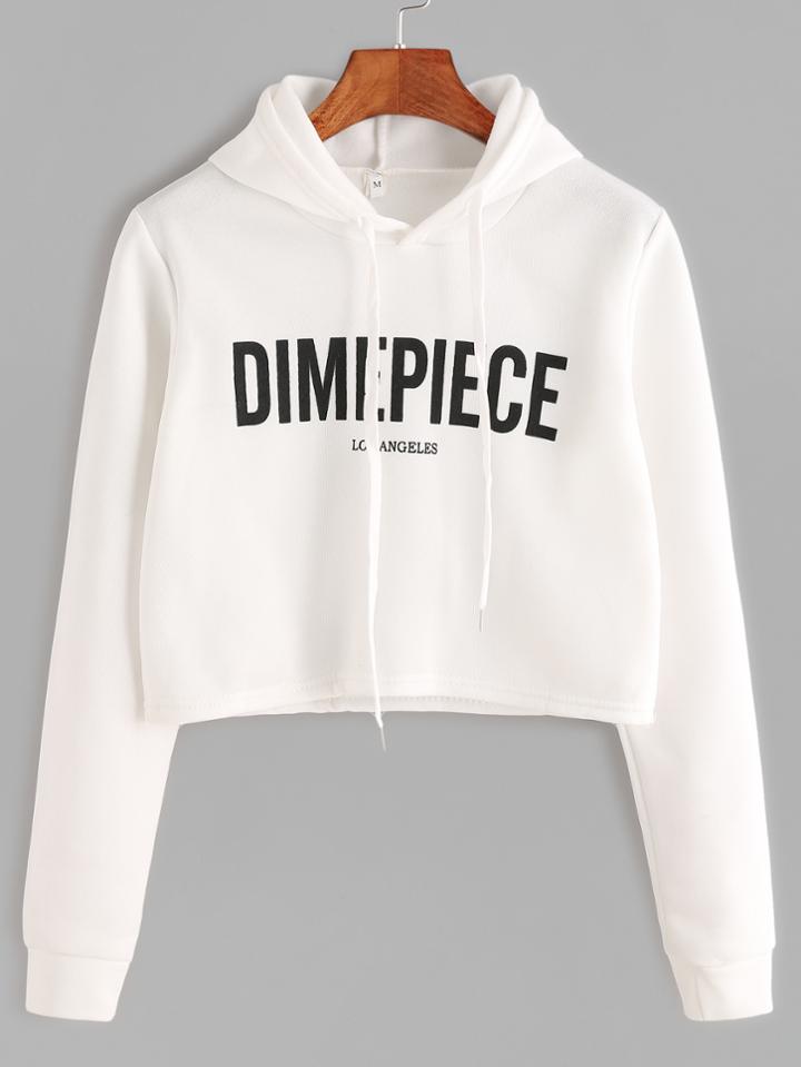 Shein White Slogan Print Hooded Crop Sweatshirt