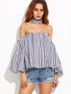 Shein Vertical Striped Bardot Trumpet Sleeve Top With Choker