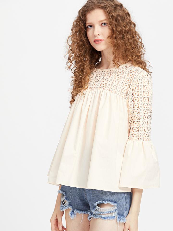 Shein Eyelet Crochet Neck Keyhole Back Bell Cuff Smock Top