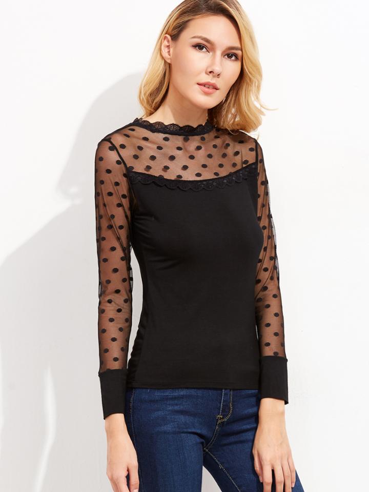 Shein Polka Dot Mesh Insert Scallop Blouse