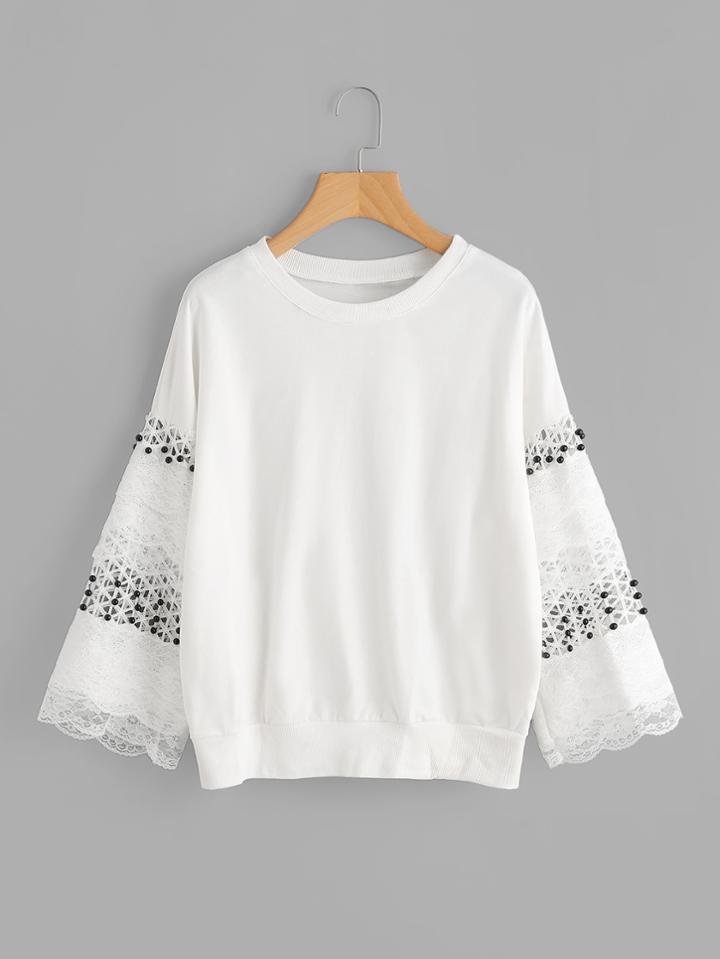 Shein Tiered Scallop Lace Sleeve Beading Sweatshirt