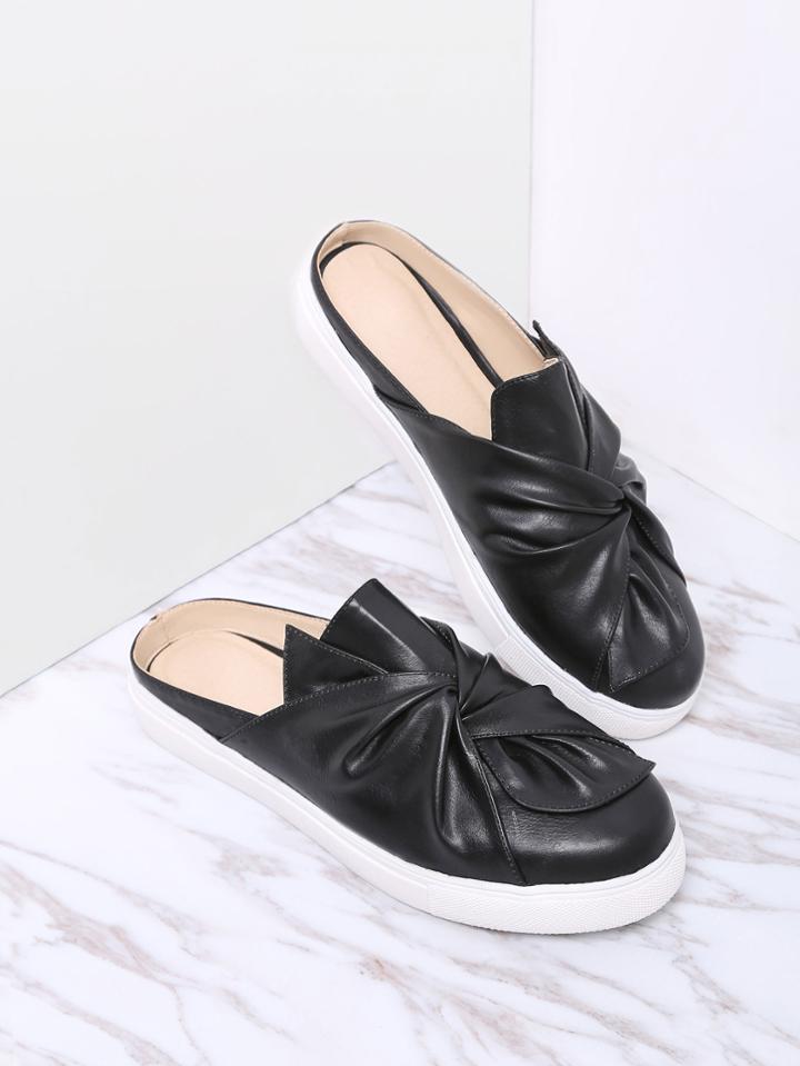 Shein Black Faux Leather Round Toe Slippers