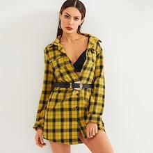 Shein Flap Pocket Front Plaid Shirt Dress