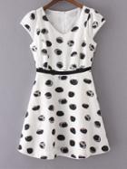 Shein White Cap Sleeve V Neck Polka Dots Dress