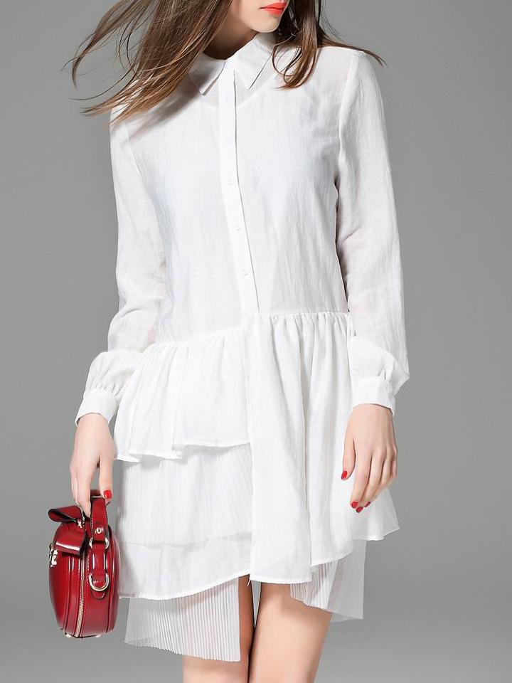 Shein White Lapel Ruffle Asymmetric Dress