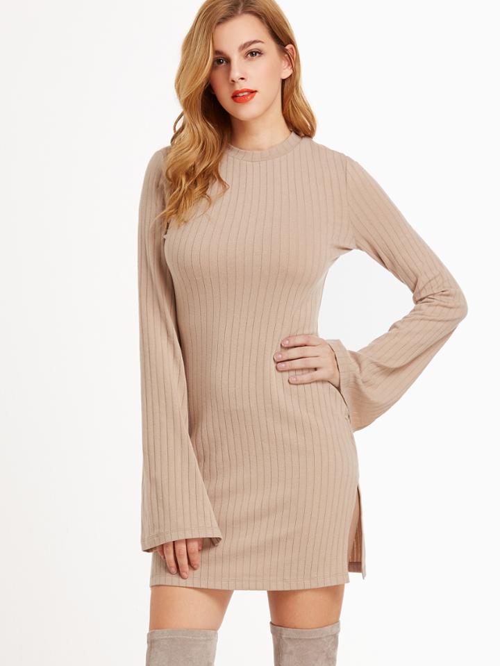 Shein Camel Ribbed Knit Bell Sleeve Split Side Dress