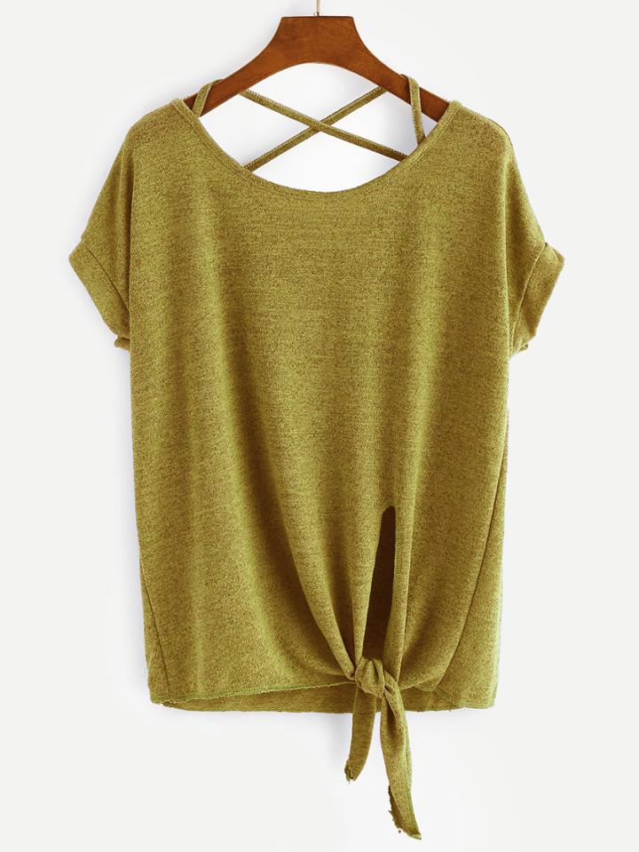 Shein Yellow Criss Cross Back Knotted Hem T-shirt