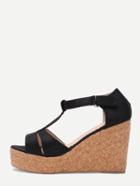 Shein Black Faux Suede T-strap Wedge Sandals