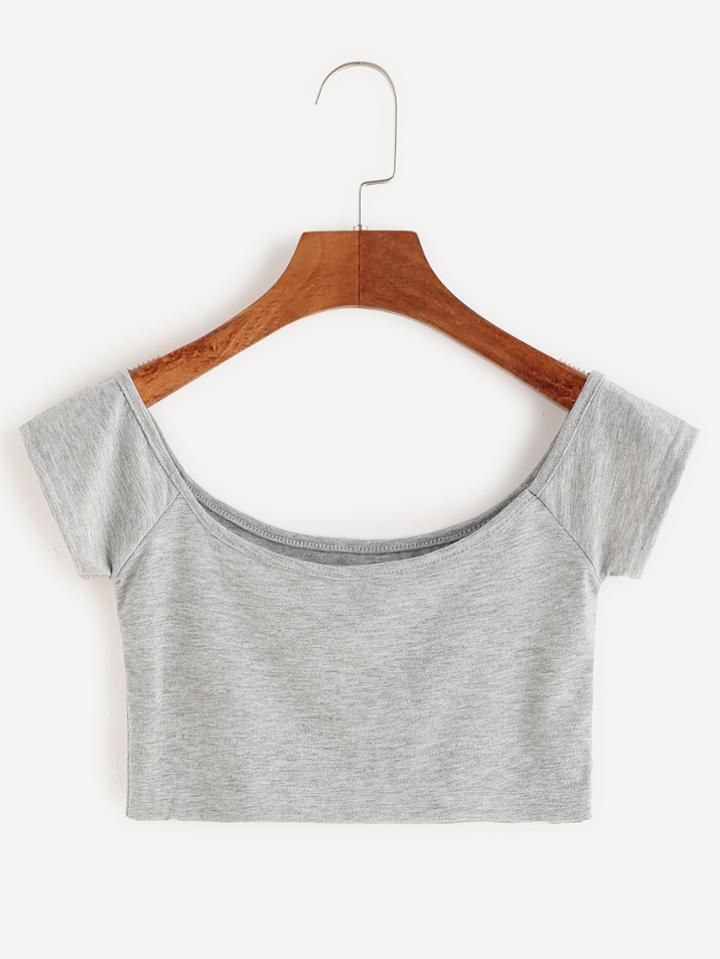 Shein Heather Grey Boat Neck Crop T-shirt