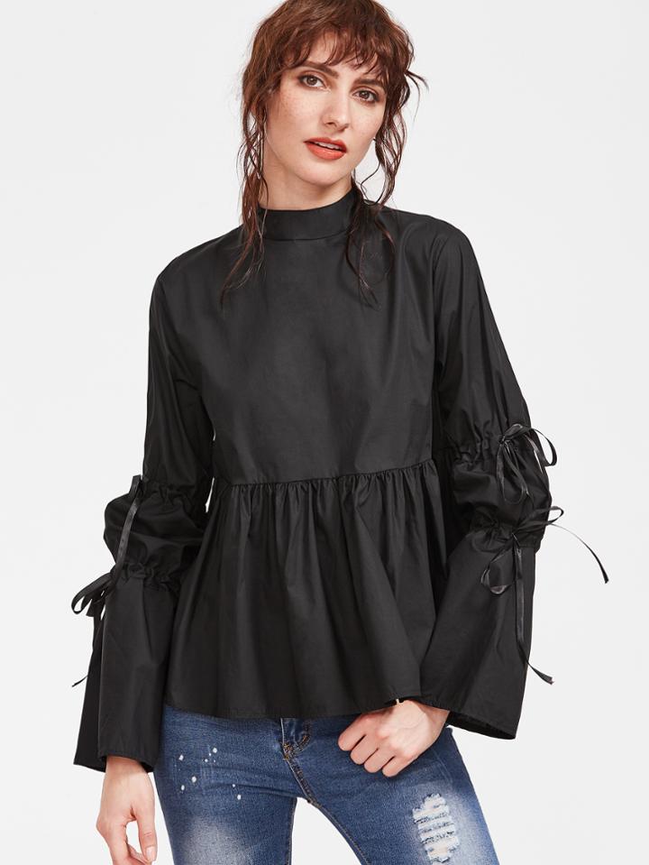 Shein Black Mock Neck Bell Sleeve Bow Tie Peplum Blouse