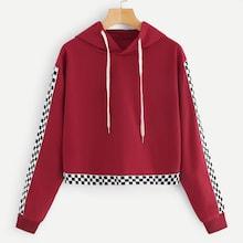 Shein Check Plaid Contrast Crop Hoodie