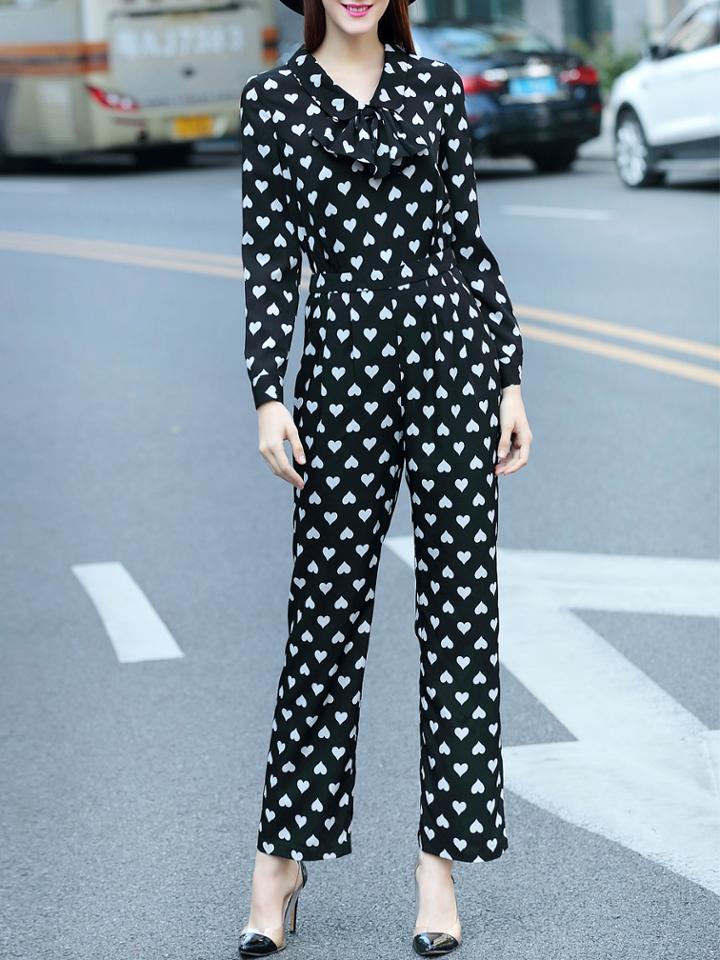 Shein Black Tie Neck Hearts Print Jumpsuits