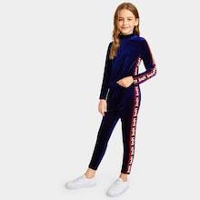 Shein Girls Letter Tape Detail Velvet Tee & Pants Set
