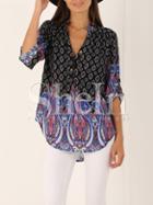 Shein Navy V Neck Vintage Print Blouse