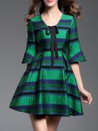Shein Green Tie Neck Bell Sleeve Jacquard Dress