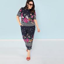 Shein Plus Flower And Geo Print Top & Pants Set