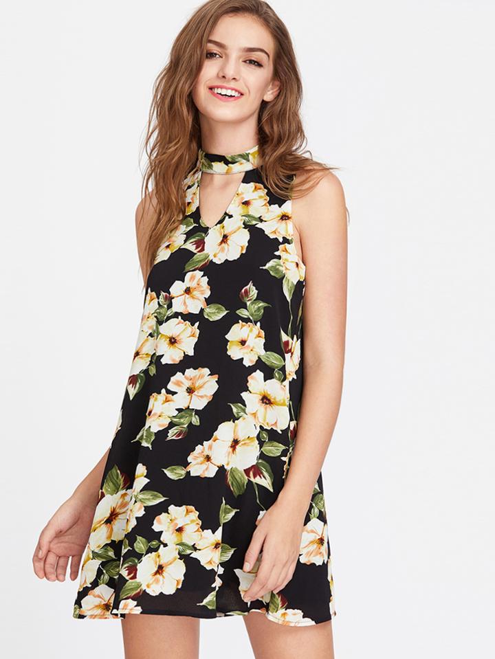 Shein Flower Print Choker Neck Buttoned Keyhole Back Dress