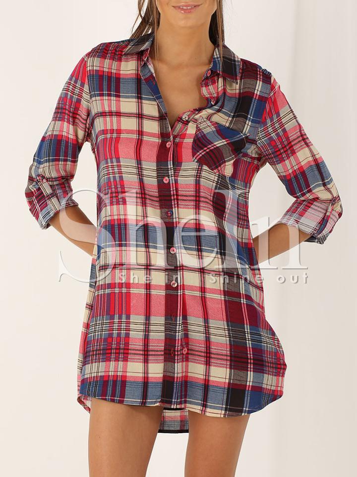 Shein Rose Red Long Sleeve Lapel Plaid Dress