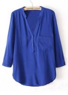 Rosewe Cozy V Neck Blue Chiffon Blouse With Button