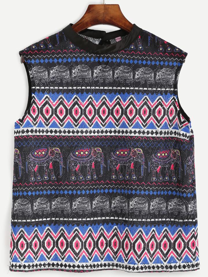 Shein Sleeveless Aztec Print Keyhole Back Blouse