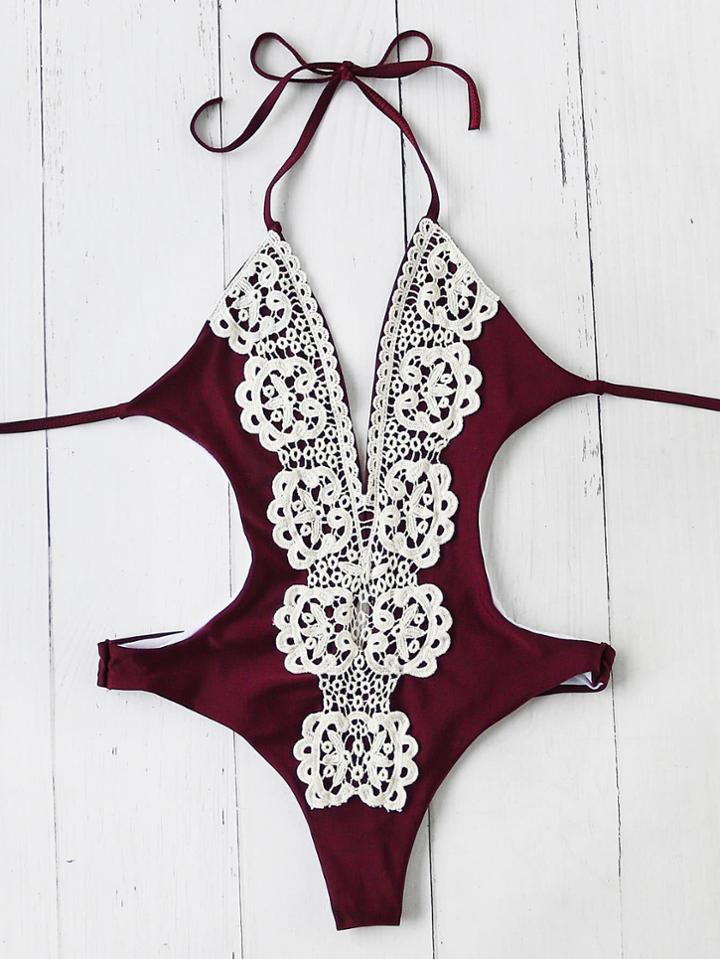 Shein Contrast Crochet Plunge Neck Monokini