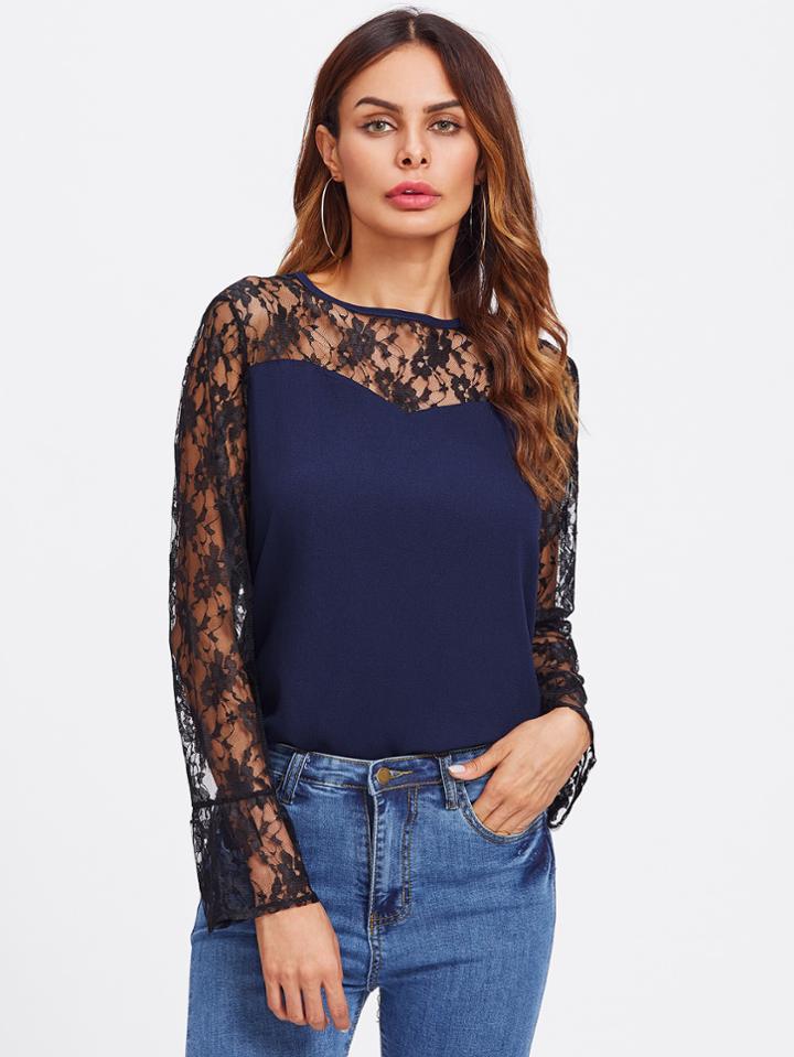 Shein Contrast Floral Lace Panel Blouse