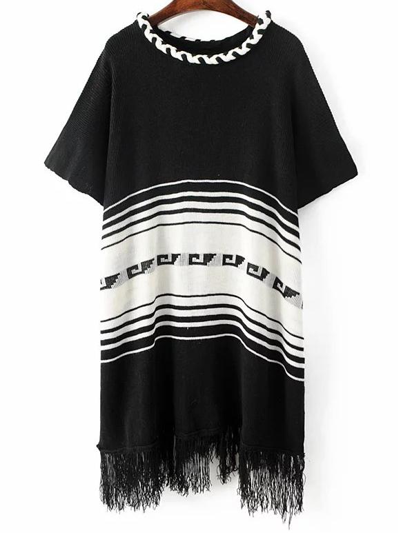 Shein Black Striped Elbow Sleeve Fringe Poncho Sweater
