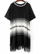 Shein Black Striped Elbow Sleeve Fringe Poncho Sweater